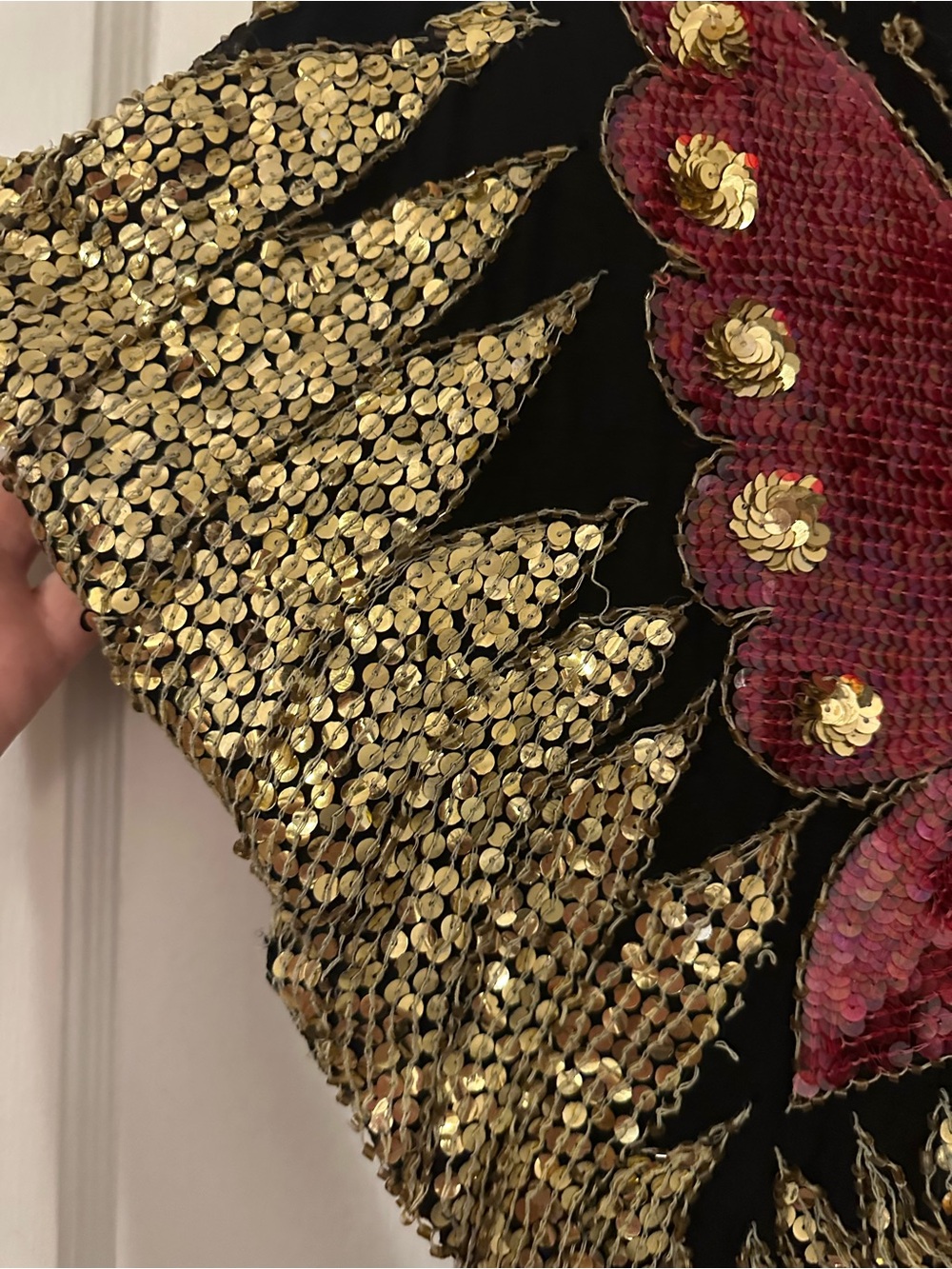 Vintage Black Crop Top with Red Sequin Butterfly and Gold Sequins - Picture 2 of 5
